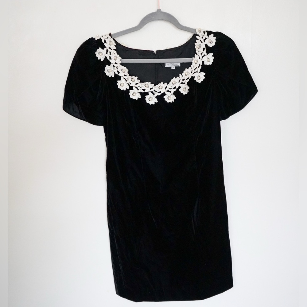 Vintage black velvet dress with lace and pearl neckline